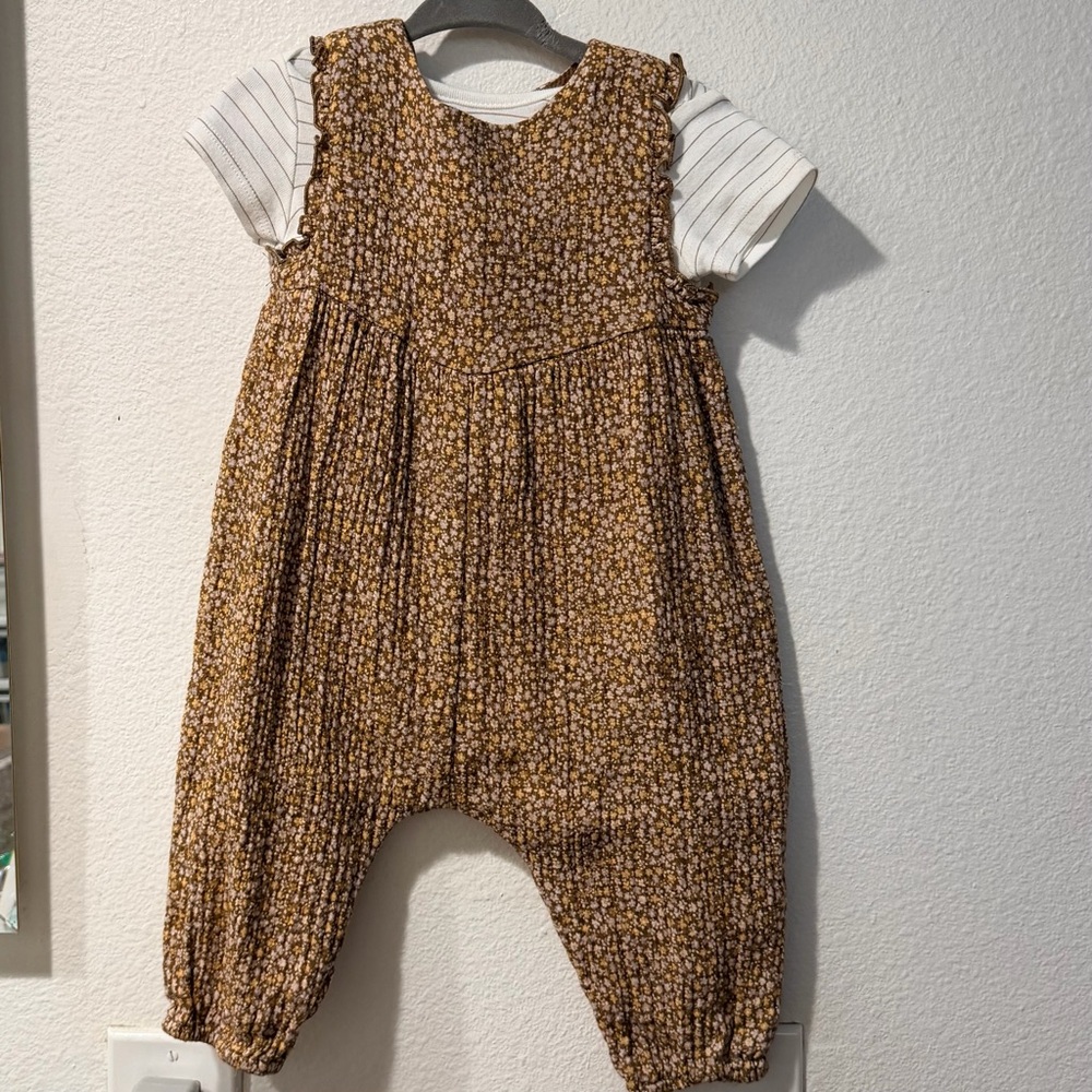 Zara Brown Floral Romper with White Striped Bodysuit